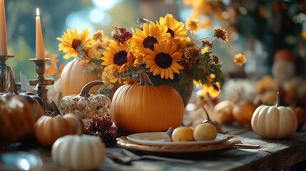 Autumn elegant beautiful table setting with pumpkins for a wedding or thanksgiving celebration Fall decoration rustic style cozy home atmosphere  candles dry flowers : Generative AI