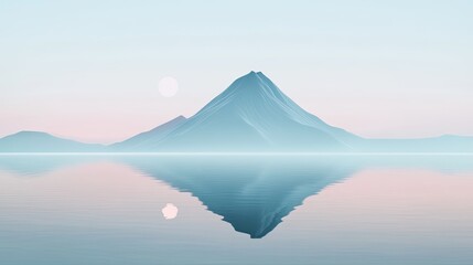 Canvas Print - Serene minimalist art of a mountain and its reflection in still water, with a soft color palette creating a tranquil