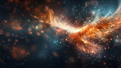 Canvas Print - A bird with orange wings flying through a dark sky with a lot of sparkles by AI generated image