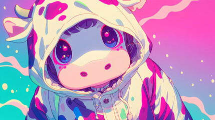 cute cow character wearing anime onesie costume, anime style, cute kawaii, simple, smiling happy. neon psychedelic background