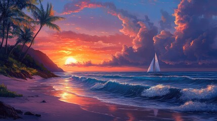 Sticker - Vibrant sunset colors fill the sky over a tranquil tropical island, with soft waves gently lapping the shore