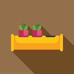 Sticker - Yellow wall mounted shelf holding two plants casting a long shadow, in a flat design with muted colors