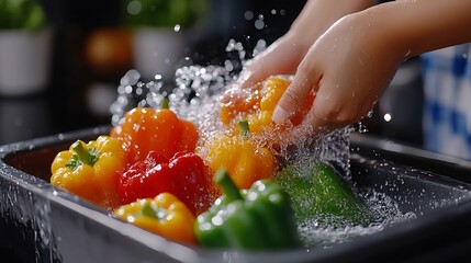 Close up hand of asian young housekeeper woman washing sweet pepper green paprika vegetables with splash water in basin of water on sink in kitchen preparing fresh salad cooking meal H : Generative AI