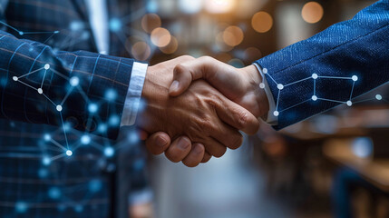 Wall Mural - Professional businessman in Suits Shaking Hands After a Successful Interview in a Bright Office Setting with White Background and Big Data Blue Connections, Captured with Canon