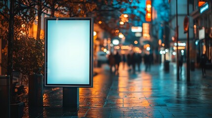 Aufkleber - lightbox billboard on tourist walking street blank white poster and ad space digital outdoor display base for mockup empty display panel glass design soft streetscape shopping street b : Generative AI