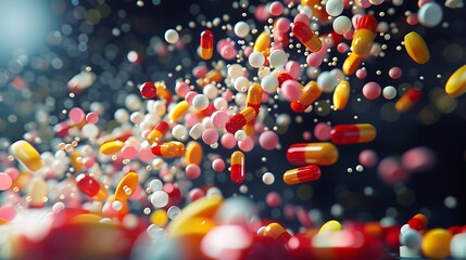 A cascade of vibrant pills falling onto a shiny surface, dynamic composition, sharp details, high contrast, bright lighting, hd quality, natural look. --ar 16:9 --v 6.0 --s 250 --style raw