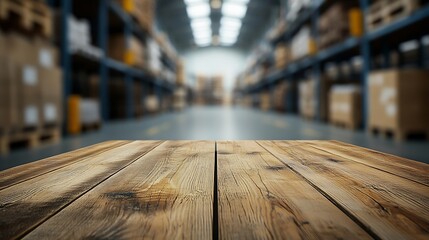 Poster - The empty wooden table top with blur background of warehouse storage Exuberant image : Generative AI