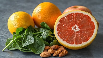 Wall Mural - Super foods for healthy prostate Natural products to prevent prostate cancer and boost prostate health Apple tomato tomato juice nuts strawberry grapefruit spinach lemon oranges garlic : Generative AI