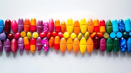 A neatly arranged row of colorful pills forming a rainbow pattern, bright lighting, sharp details, clean white background, vivid colors, hd quality, natural look. --ar 16:9 --v 6.0 --s 250 --style raw