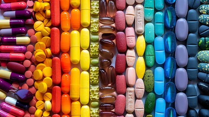 A rainbow arrangement of pills and tablets in a neat row, vivid colors, orderly composition, crisp details, bright lighting, hd quality, natural look. --ar 16:9 --v 6.0 --s 250 --style raw