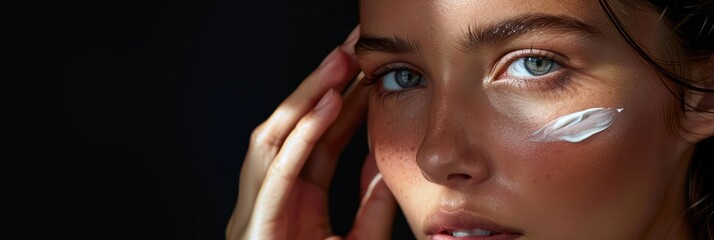 beautiful south american model woman applies cream on her face in a beauty studio promo. dark backgr
