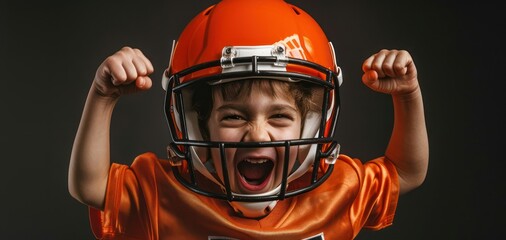 Young child joyful expression as they celebrate wearing an oversized American football helmet and orange jersey on a dark background, arms raised in excitement.