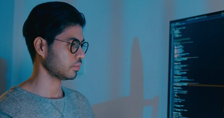 Closeup young adult Asia male freelance typing write prompt AI bot IT app smart program nomad, video game, terminal with coding language, designer, big data center on desktop computer in night office.