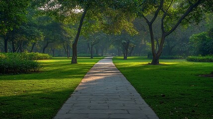 Poster - Empty park walkway lawn in Ramna Dhaka Bangladesh Nature forest Road concrete empty path : Generative AI