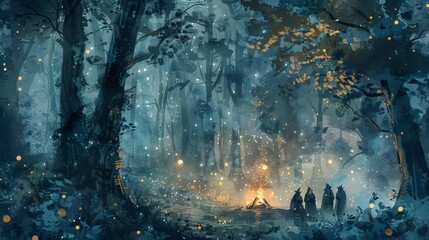 Enchanting forest gathering. Magical woodland scene with glowing lights, figures gathered around a campfire, symbolizing mystery, connection, and the allure of the unknown.