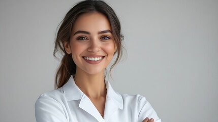 Aufkleber - satisfied young woman with wide toothy smile wearing a white coat holding documents and standing armcrossed medium shot business concept studio shot copy space High quality photo : Generative AI