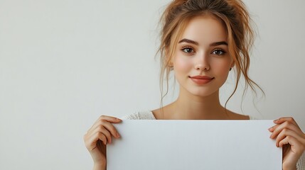 Aufkleber - emotional young woman showing empty signboard with copy space isolated on white : Generative AI