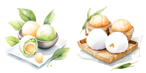 Wall Mural - Watercolor Delicious Asian Treats: Mochi and Tangyuan