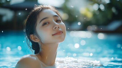 Wall Mural - Retreat and vacation Portrait beautiful young asian woman enjoying around outdoor swimming pool in hotel resort Attractive girl relax in summer season : Generative AI