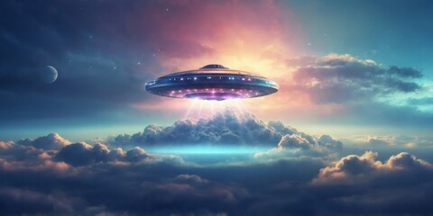 Wall Mural - A futuristic UFO hovering above clouds with a beam of light.