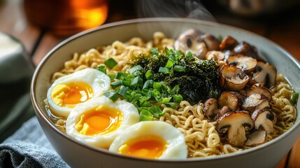 Close-up of a steaming bowl of ramen noodles with eggs, mushrooms, and seaweed.