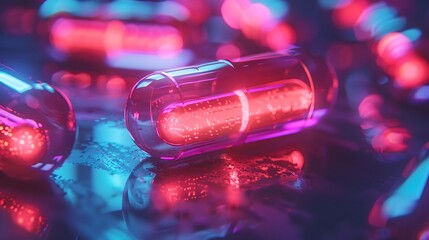 Glowing neon pills in a dark setting, vibrant hues, high contrast, sharp details, futuristic ambiance, dynamic lighting, hd quality, natural look. --ar 16:9 --v 6.0 --s 250 --style raw