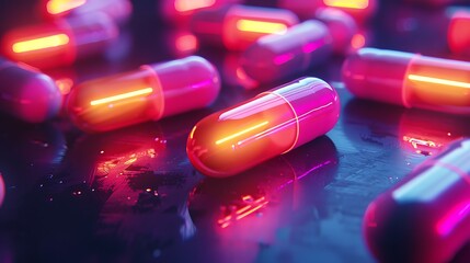 Neon pills with a luminescent glow against a dark background, vivid colors, sharp focus, high contrast, dynamic composition, hd quality, natural look. --ar 16:9 --v 6.0 --s 250 --style raw