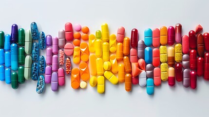 Pills and tablets arranged in a rainbow order, vibrant colors, minimalist design, clean white background, sharp details, bright lighting, hd quality, natural look. --ar 16:9 --v 6.