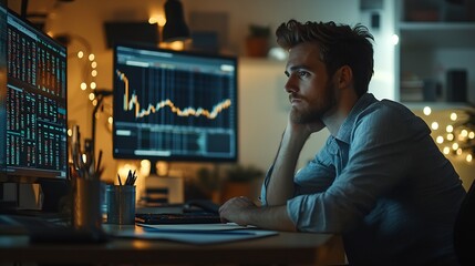 Aufkleber - Self employed broker investor in home office checking stock exchange profit calculating using pen and paper Freelancer in apartment looking at market shares growth writing on notepad c : Generative AI