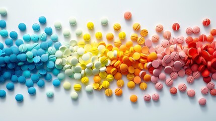 Wall Mural - Pills arranged in lines to form a gradient spectrum, vivid colors, neat composition, sharp focus, high contrast, bright lighting, clean white background, hd quality, natural look. --ar 16:9 --v 6.