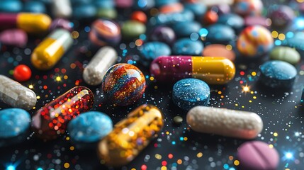 Wall Mural - Pills arranged like stars and planets in a galaxy, vivid colors, dark space background, sharp focus, high contrast, dynamic composition, hd quality, natural look. --ar 16:9 --v 6.0 --s 250 --style raw