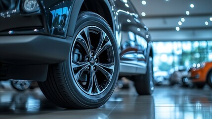 Wall Mural - black Car in showroom Aluminum wheel with  Tire automobile wheel tire  aluminium rims Motor Corporation is Japanese automotive manufacturer 44 4wd : Generative AI