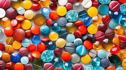 Wall Mural - Tiny colorful pills arranged in a vibrant mosaic pattern, intricate design, vivid hues, sharp details, high contrast, bright lighting, clean white background, hd quality, natural look.