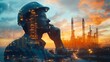 © Generative AI - The double exposure image of the engineer thinking overlays with cityscape image with copy space The concept of engineering construction futuristic and industry : Generative AI