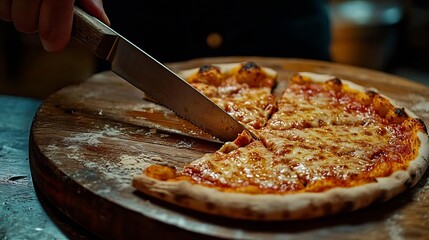 Crop anonymous person cutting pizza into slices served in plate with knife on wooden table while spending leisure time in restaurant : Generative AI