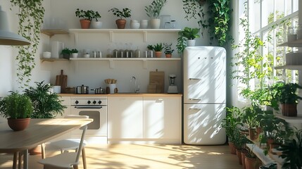 Poster - Kitchen with light walls white furniture and shelves with crockery and plants in pots small refrigerator in dining room scandinavian design empty space Modern interior with sunbeams on : Generative AI