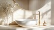© Generative AI - White stone vanity counter modern bowl washbasin gold chrome faucet in sunlight shadow on cream wood panel wall for luxury beauty cosmetic skincare body care product display background : Generative AI