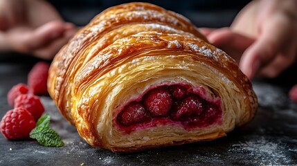 Round puff pastry croissant with raspberry filling or new york roll on dark concrete background : Generative AI