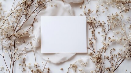 Blank greeting card invitation and envelope mockup  Happy mothers day womens day or birthday wedding composition Minimal floral frame made of dry flowers and branches Flat lay top view : Generative AI