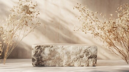 Fototapete - Luxury Brown stone marble pedestal Podium decoration with dried flower Over Beige Background elegant backdrop product showcases and sophisticated designs for Skin care and cosmetic Exh : Generative AI