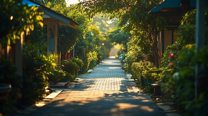 Canvas Print - Empty street at the nice and comfortable garden at the morning with lovely beautiful sky : Generative AI