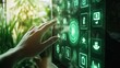 © Pannin - A modern home setting with a person touching a virtual icon for sustainable energy on a transparent screen, with green technology symbols surrounding the interface.