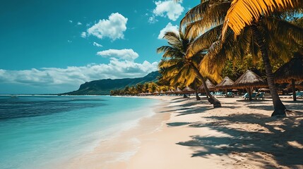 Paradise beach resort with palm trees and and tropical sea in Mauritius island Summer vacation and tropical beach concept Sandy beach with Le Morne beach on Mauritius island Tropical l : Generative AI