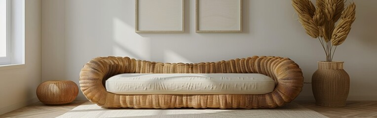 An empty rattan sofa with two empty poster frames and pampas grass in a vase. The room is decorated in a minimalist style