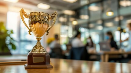 Gold trophy on desk. A gold trophy sits on a desk in a modern office, signifying success, achievement, and hard work.