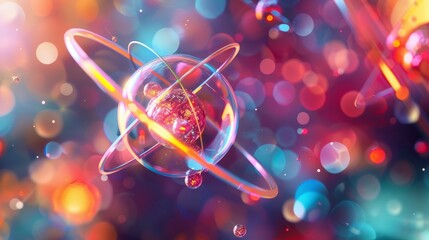 Abstract atom design. Vibrant abstract atom model with colorful bokeh background, symbolizes science and knowledge.