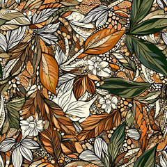 floral and leaf seamless patterns in doodle-style tile designs with graphic format.