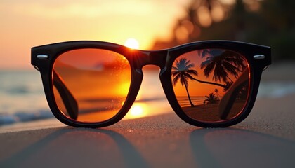 Stylish Sunglasses Reflecting Tropical Scene at Sunset Beach