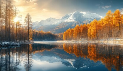 Wall Mural - Beautiful lake in the mountains with a forest and golden autumn trees at sunrise