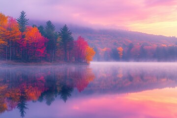 Wall Mural - Autumn landscape with colorful trees and fog on the lake